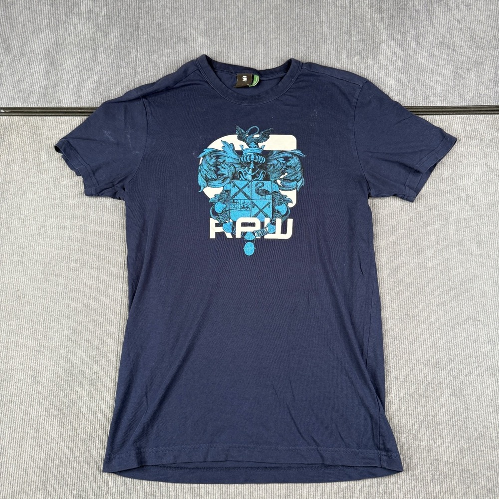 G-Star RAW Graphic T Shirt Mens Small Blue Crest Logo Short Sleeve